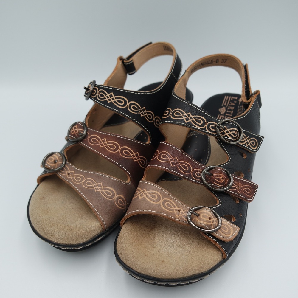 Spring Step L'Artiste Burbandale Black Leather Wedge Sandals 37 US 6.5 Boho